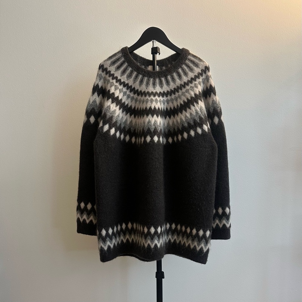 H&M Fair Isle Nordic Wool Mohair Fuzzy Oversized Crew Neck Sweater Brown Size M